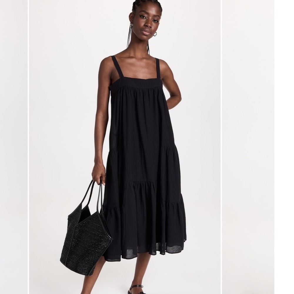 Jenni Kayne Cotton  Summer Dress Black Tiered Midi Square Neck Side Button